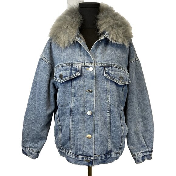 BeiBei Womens NWT‎ Denim Trucker Jacket Size XL Faux Fur Detachable Collar Lined - Picture 1 of 12